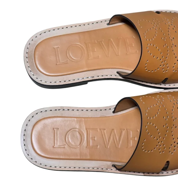 LOEWE Anagram Perforated Leather Slides Sandals Caramel - Size 10